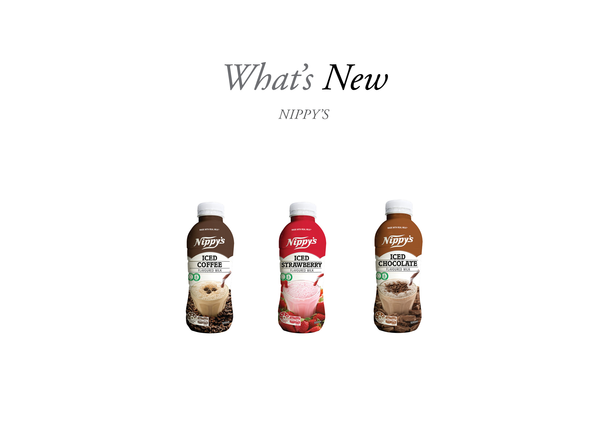 nippy's new PET packaging. 3 bottles: chocolate, coffee, and strawberry flavours