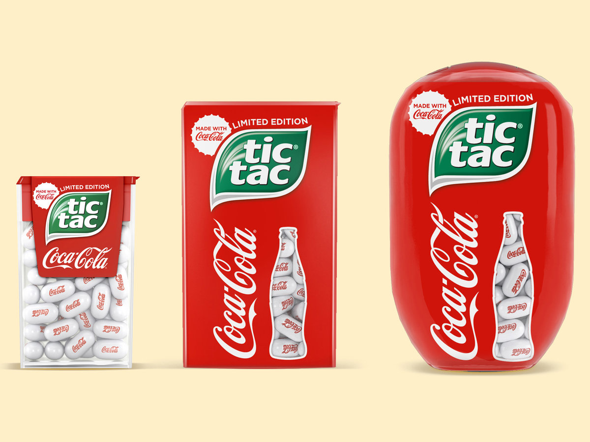 Coca-Cola Tic Tac in three sizes with red packaging and coke bottle