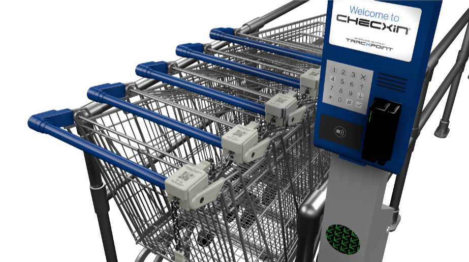 Tracxpoint's T-Loc and CHECXiN Terminal with connected shopping trolleys.